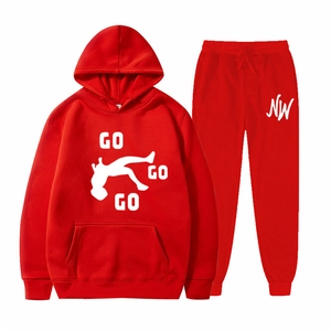 Detail of red hooded tracksuit set with white GO GO GO print and drawstring joggers