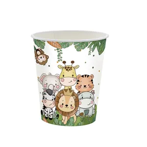 Disposable paper cups with colorful cartoon safari animals for kids birthday party supplies