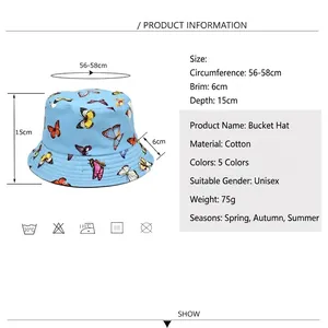 Double-sided cotton bucket hat with butterfly print featuring 56-58cm size chart details