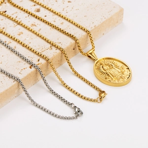 Retro stainless steel Virgin Mary pendant necklace with gold and silver box chains