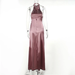 Detailed back view of pink satin halter dress showing glossy texture and backless design