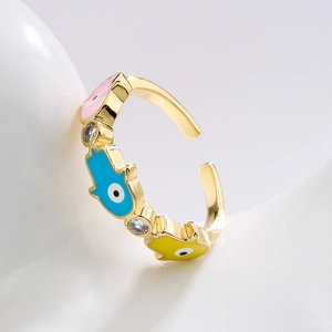 18K gold plated Hamsa hand open ring with colorful enamel and sparkling zircon accents