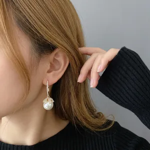 French vintage silver needle earrings with large round pearls and sparkling zircon accents