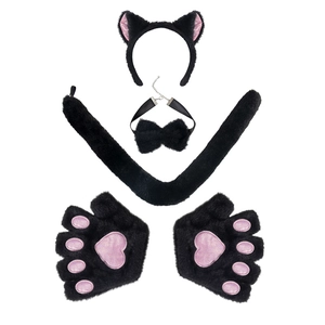 Black plush cat cosplay set with cat ears headband, tail, and glitter paws