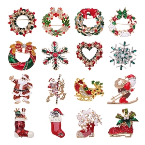 Christmas Alloy Brooches Enamel Rhinestone Festive Pins Snowman Christmas Tree Bell Wreath Jewelry For Women Party Decoration