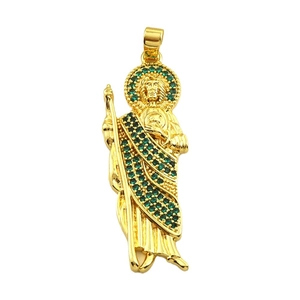 Saint Jude pendant in gold-plated copper featuring micro-set green zircon stones