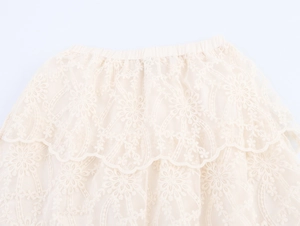 Detailed close-up of lace embroidery and elastic waistband on a bohemian tiered skirt