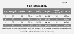 Detailed size chart for women's two-piece fitness set with measurements from S to XL in CM