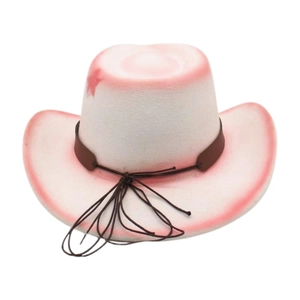 Pink and white gradient felt cowboy hat detail with star emblem and rivet leather band