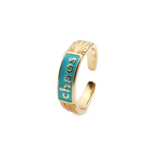 Anello aperto minimalista placcato oro con scritta Chaos e smalto verde acqua vintage