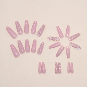 Long ballerina press-on nails in pale pink with crystal rhinestones and 3D white butterflies