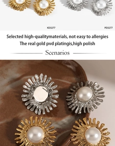 Detailed view of polished sunflower pearl stud earrings in gold and silver plating