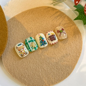 Christmas press-on nails set with 3D bear, tree, and gingerbread man festive designs