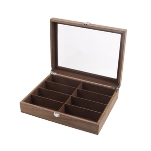 Wooden 8-slot eyeglasses storage display box with glass lid and brown lining