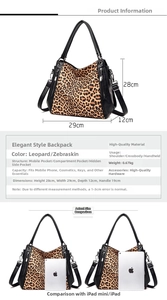 Detailed size infographic of leopard print tote with iPad dimension comparison view