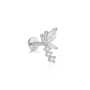 Macro shot of S925 sterling silver butterfly stud earring with sparkling cubic zirconia