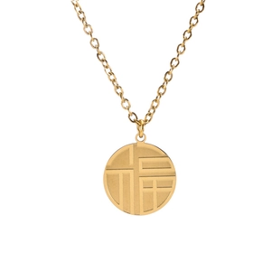 Minimalist gold stainless steel necklace featuring a round pendant with Fu character