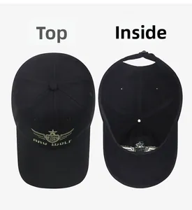 Top and inside view of black cotton baseball cap with RAY WOLF embroidery