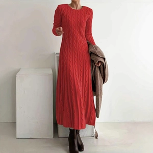 Red long sleeve cable knit dress with crew neck and slim fit texture for winter style