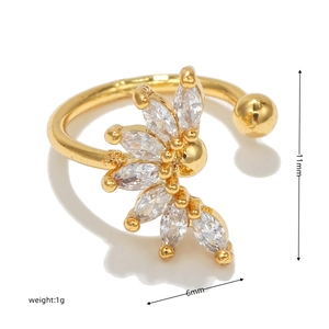 Detailed view of 18k gold plated ear cuff with marquise-cut marquise-cut cubic zirconia