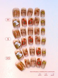 Detailed set of 30 cat eye press-on nails with New Year lucky charms and glitter finish