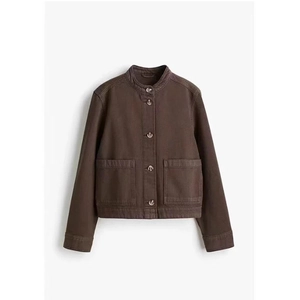 Veste courte en sergé marron pour femme avec col montant et grandes poches plaquées