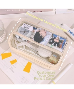 Detail of beige multi-layer pencil case featuring a clear PVC window for card display