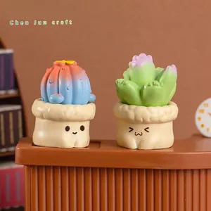 Cute resin cactus figurines with cartoon faces for micro landscape desk decoration
