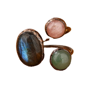 Vintage adjustable ring with raw labradorite, rose quartz, and green aventurine stones