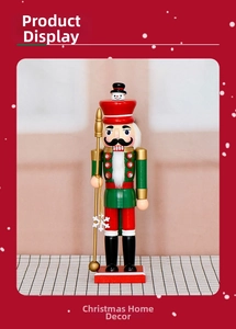 Detail of a 35cm wooden nutcracker with a snowflake staff and classic festive colors