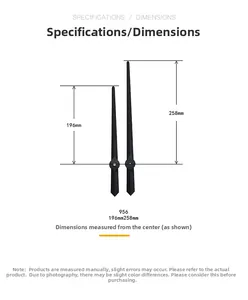 Tableau des tailles pour aiguilles d'horloge modèle 956 en aluminium noir, 196 mm et 258 mm