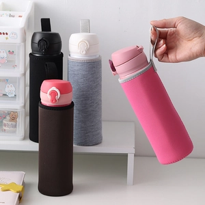 Detail of colorful neoprene cup sleeves with portable handles and protective thermal insulation