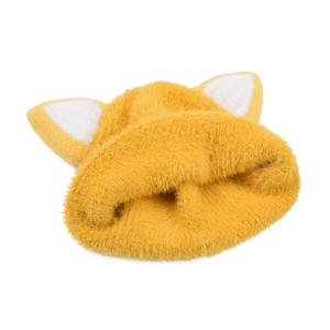 Bright yellow plush knit hat with cat ears and fluffy texture for children