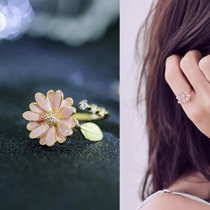 Enamel daisy open ring with pink flower, green leaf, and zircon accents for women
