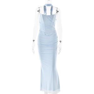 Light blue mesh halter neck dress with corsetry and fishtail skirt on ghost mannequin