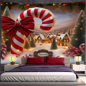 Vue détaillée d'une tapisserie de Noël avec cannes de sucre et décor de chalet de neige