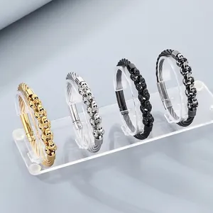 Punk Skull Head Stainless Steel Cable Bracelet For Men Gothic Twisted Steel Wire Bangle Jewelry