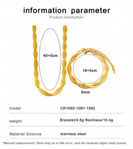 Size details of the stainless steel braided blade chain necklace and bracelet jewelry set