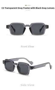 Detail view of retro square transparent grey sunglasses with dark grey lenses in 45-degree angle