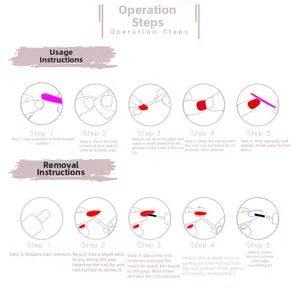 Detailed user guide showing application and removal steps for short round press-on nails