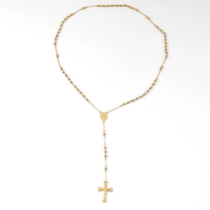 Golden stainless steel rosary necklace with circular icon and crucifix pendant on white background
