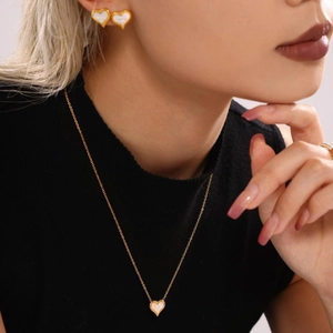 Elegant gold stainless steel heart necklace and earrings set with white mother of pearl
