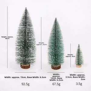 Three sizes of frosted mini Christmas trees with wood bases and height specifications