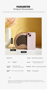 Vue détaillée du mini sac rétro imprimé avec comparaison de taille par smartphone