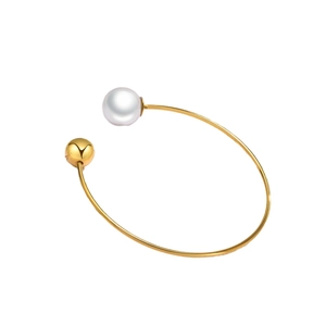 Minimalist 18K gold stainless steel open bangle featuring a white pearl and polished ball
