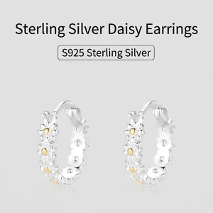 Elegant S925 sterling silver daisy hoop earrings with golden stamen and petal relief