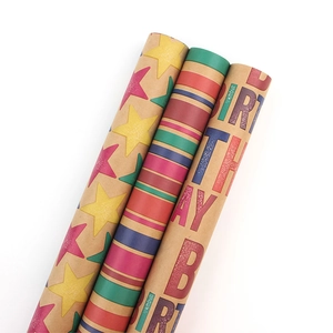 Three rolls of Happy Birthday kraft wrapping paper with stars, stripes and color letters