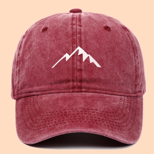 Vintage washed burgundy cotton baseball cap with white mountain embroidery and curved brim