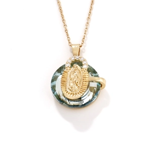 Exquisite gold pendant necklace featuring a light blue crystal with Virgin Mary relief