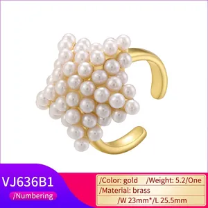 Elegant gold brass star open ring with white pearls in a vintage French style design
